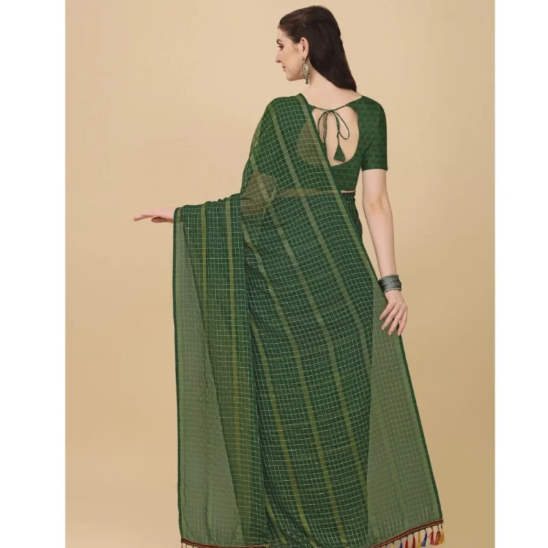 Generic Women's Silk Blend Checkered Saree With Unstitched Blouse 5.5Mtr (Green) - Image 3