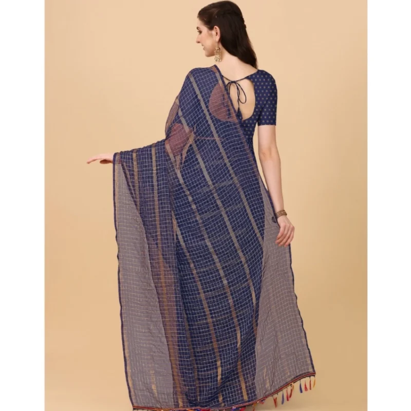 Generic Women's Silk Blend Checkered Saree With Unstitched Blouse 5.5Mtr (Blue) - Image 3