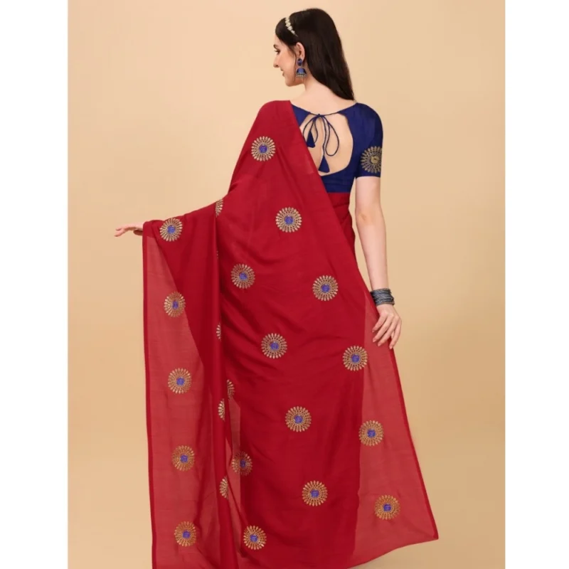 Generic Women's Silk Blend Embroidered Saree With Unstitched Blouse 5.5Mtr (Red) - Image 3