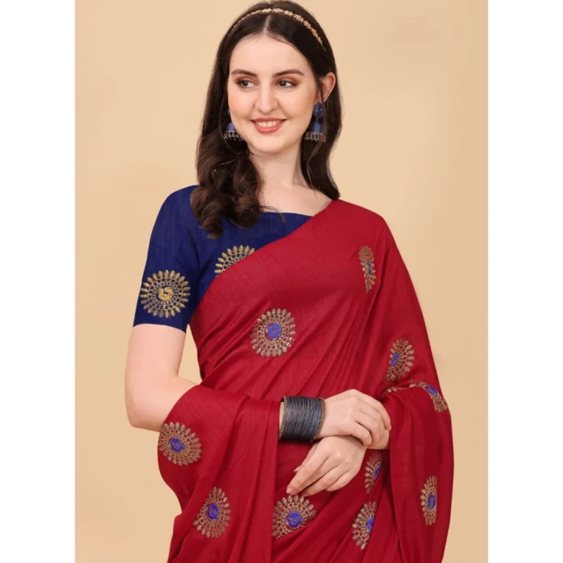 Generic Women's Silk Blend Embroidered Saree With Unstitched Blouse 5.5Mtr (Red) - Image 4