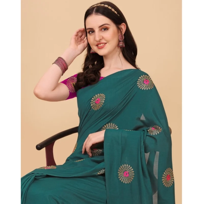 Generic Women's Silk Blend Embroidered Saree With Unstitched Blouse 5.5Mtr (Dark Green) - Image 3