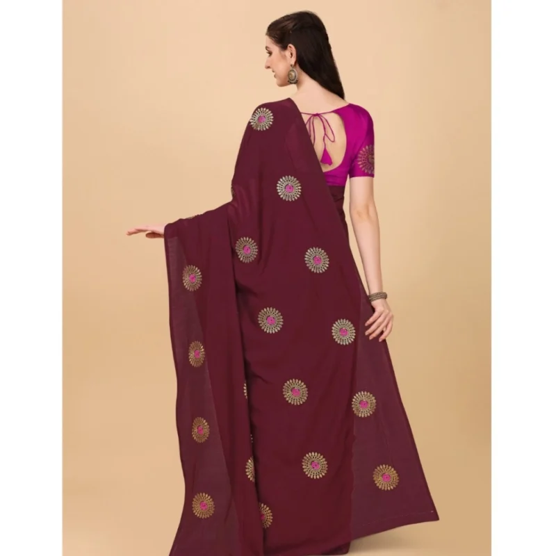 Generic Women's Silk Blend Embroidered Saree With Unstitched Blouse 5.5Mtr (Brown) - Image 3