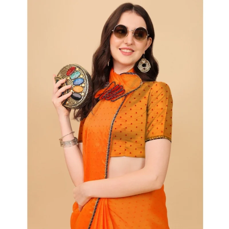 Generic Women's Silk Blend Embellished Saree With Unstitched Blouse 5.5Mtr (Orange) - Image 3