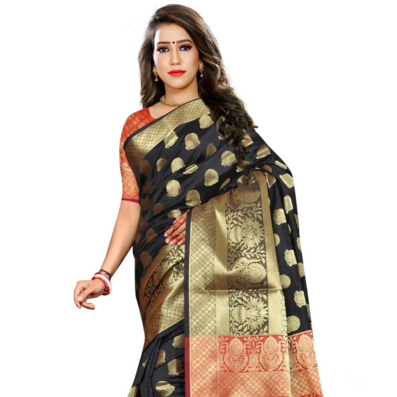 Generic Women's Jacquard Woven Saree With Unstitched Blouse 5.5Mtr (Black) - Image 2