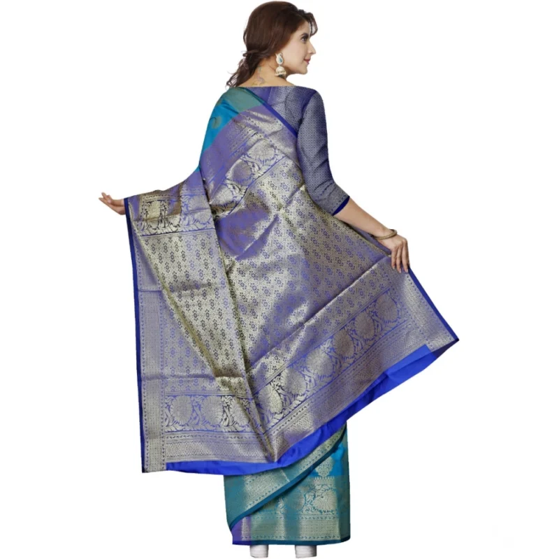 Generic Women's Jacquard Woven Saree With Unstitched Blouse 5.5Mtr (Green-Blue) - Image 3