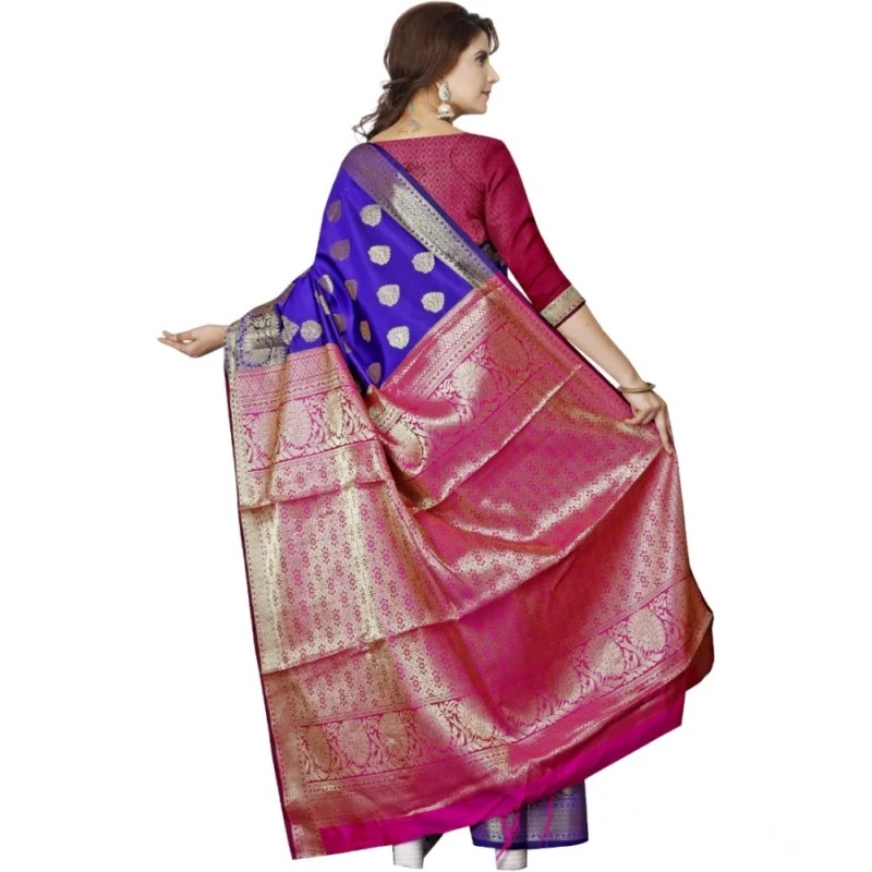Generic Women's Jacquard Woven Saree With Unstitched Blouse 5.5Mtr (Dark Blue) - Image 3