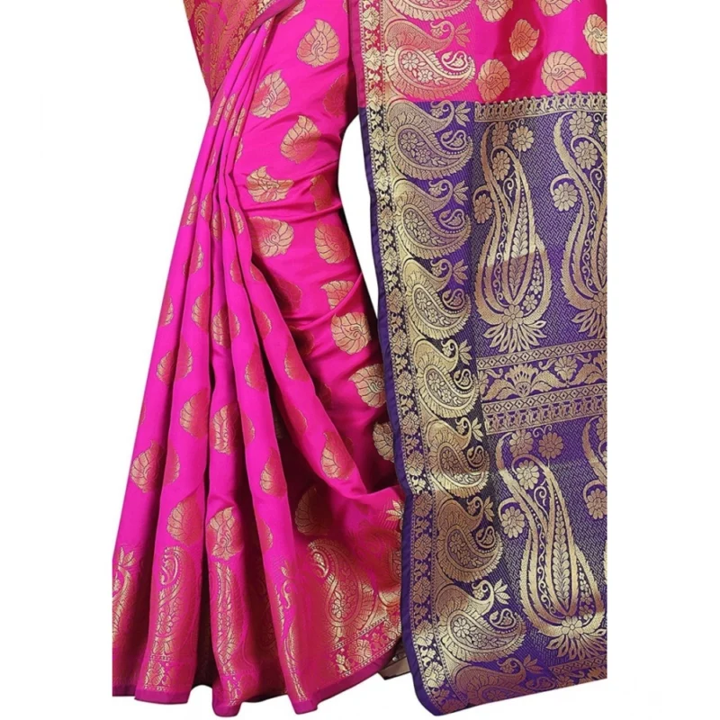 Generic Women's Jacquard Woven Saree With Unstitched Blouse 5.5Mtr (Pink) - Image 3