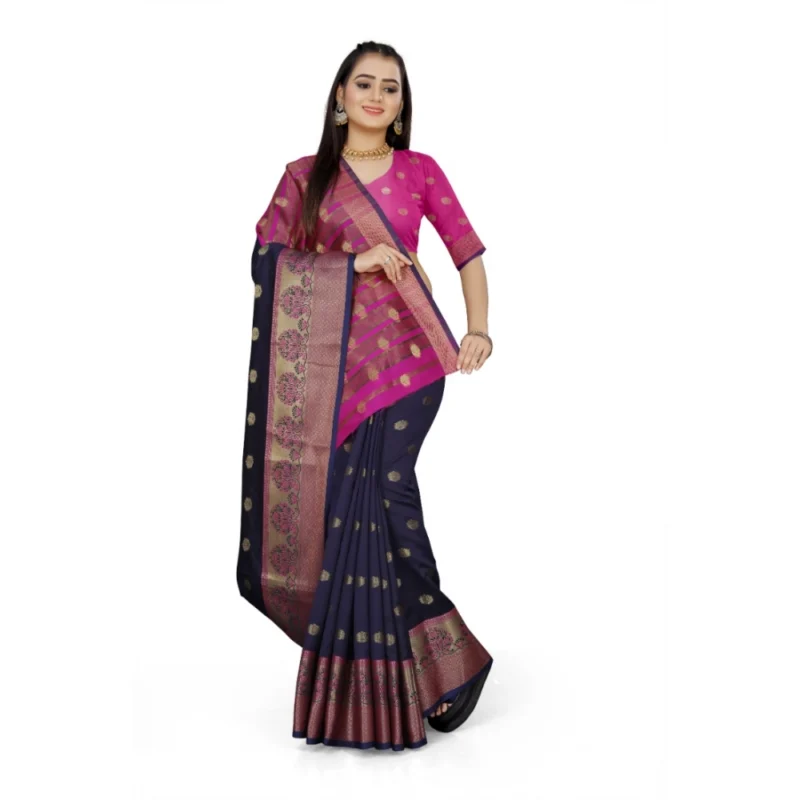 Generic Women's Jacquard Woven Saree With Unstitched Blouse 5.5Mtr (Dark Blue) - Image 4