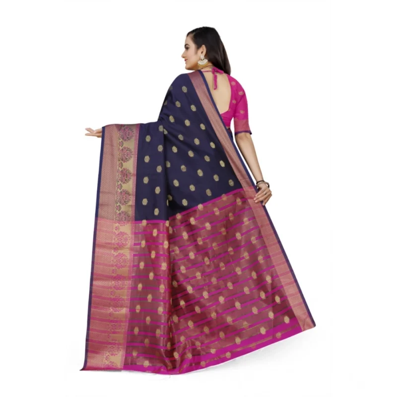 Generic Women's Jacquard Woven Saree With Unstitched Blouse 5.5Mtr (Dark Blue) - Image 3