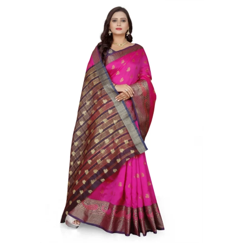 Generic Women's Jacquard Woven Saree With Unstitched Blouse 5.5Mtr (Pink) - Image 4