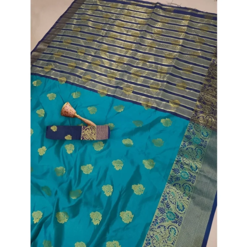 Generic Women's Silk Blend Woven Saree With Unstitched Blouse 5.5Mtr (Green) - Image 4