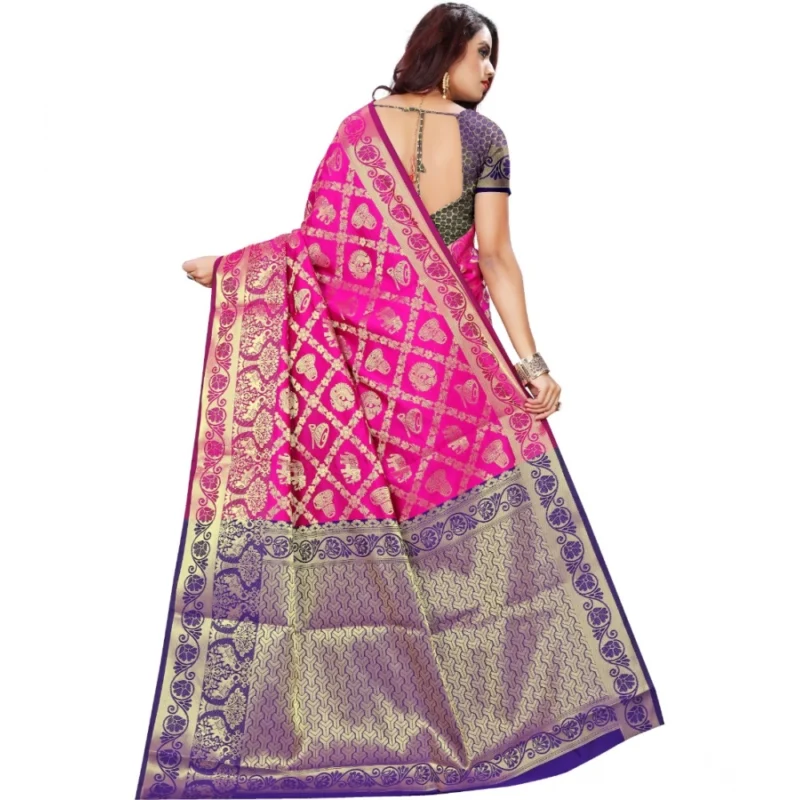Generic Women's Jacquard Woven Saree With Unstitched Blouse 5.5Mtr (Pink) - Image 2