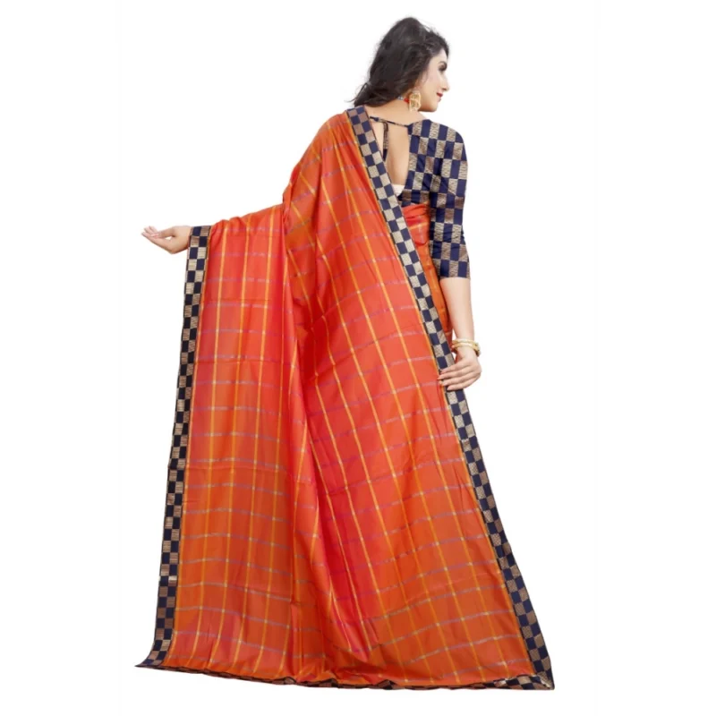 Generic Women's Cotton Silk Checkered Saree With Unstitched Blouse 5.5Mtr (Orange) - Image 4