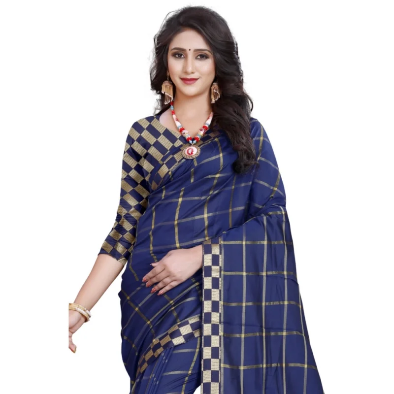Generic Women's Cotton Silk Checkered Saree With Unstitched Blouse 5.5Mtr (Dark Blue) - Image 2