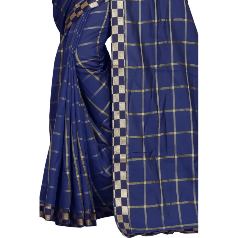 Generic Women's Cotton Silk Checkered Saree With Unstitched Blouse 5.5Mtr (Dark Blue) - Image 3
