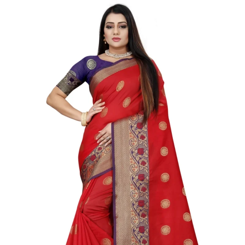 Generic Women's Silk Blend Woven Saree With Unstitched Blouse 5.5Mtr (Red-Blue) - Image 2