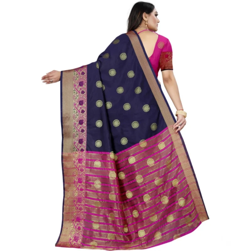 Generic Women's Silk Blend Woven Saree With Unstitched Blouse 5.5Mtr (Dark Blue-Pink) - Image 4