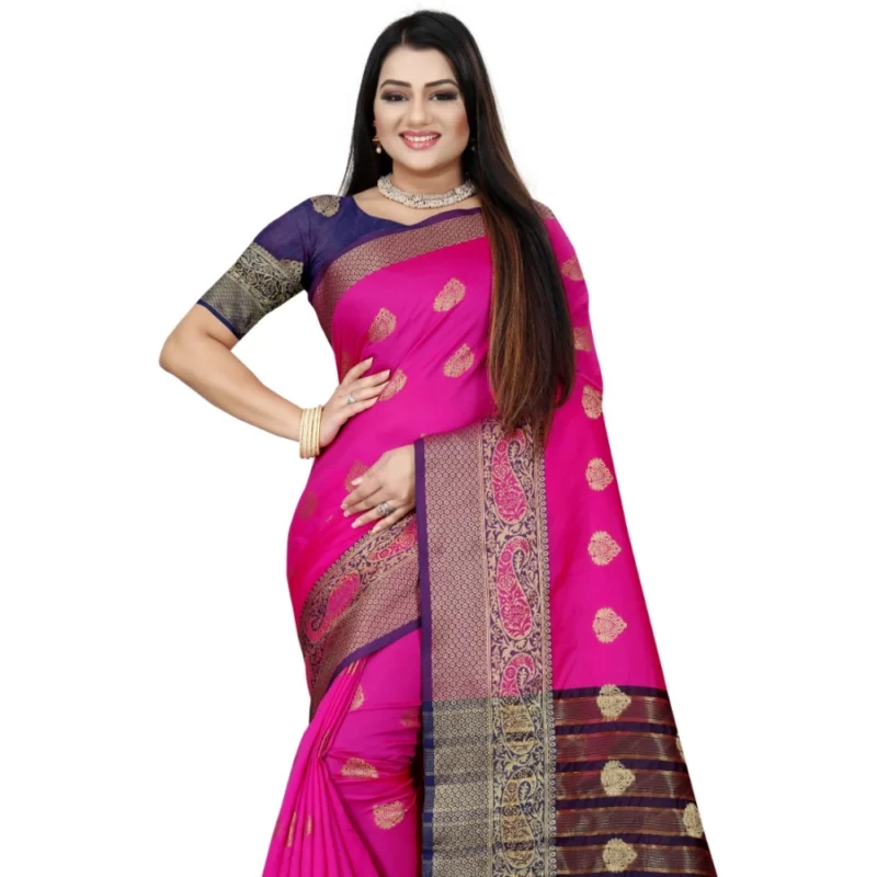 Generic Women's Silk Blend Woven Saree With Unstitched Blouse 5.5Mtr (Purple-Pink) - Image 2