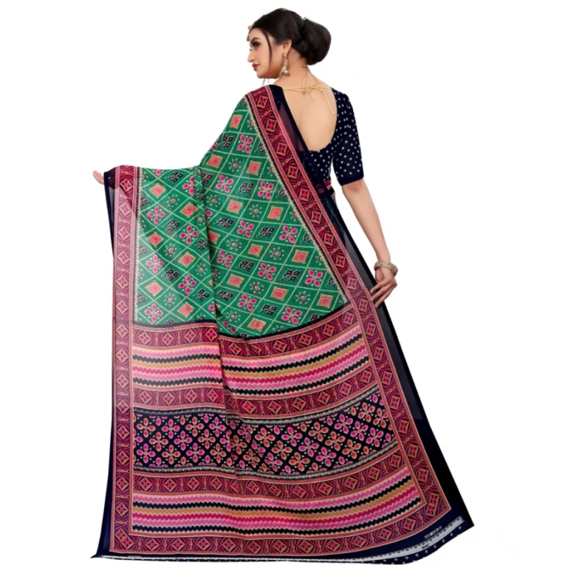 Generic Women's Georgette Floral Print Saree With Unstitched Blouse 5.5Mtr (Green) - Image 3
