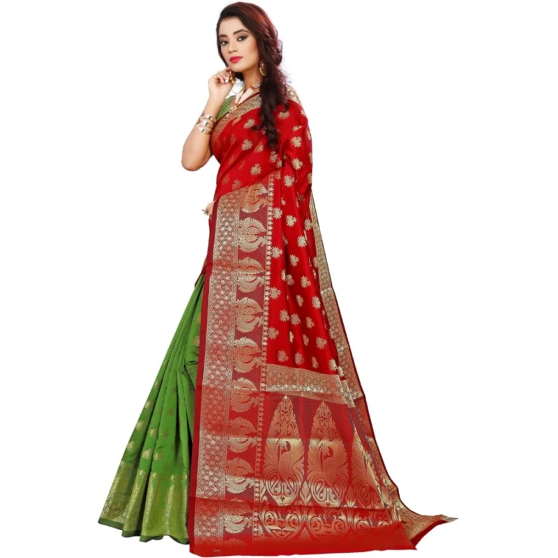 Generic Women's Jacquard Woven Saree With Unstitched Blouse 5.5Mtr (Red) - Image 3