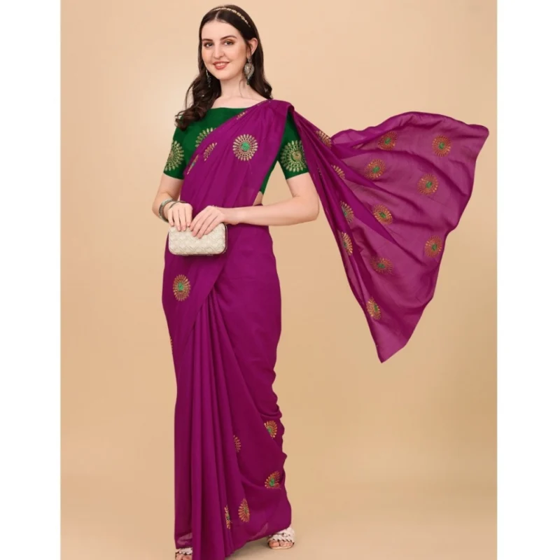 Generic Women's Silk Blend Embroidered Saree With Unstitched Blouse 5.5Mtr (Purple) - Image 4