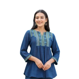 Generic Women's Cotton Embroidered 3/4 Sleeve V-Neck Top (Navy Blue)