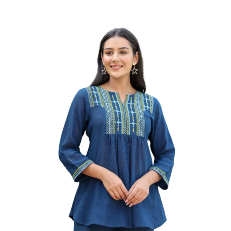Generic Women's Cotton Embroidered 3/4 Sleeve V-Neck Top (Navy Blue)