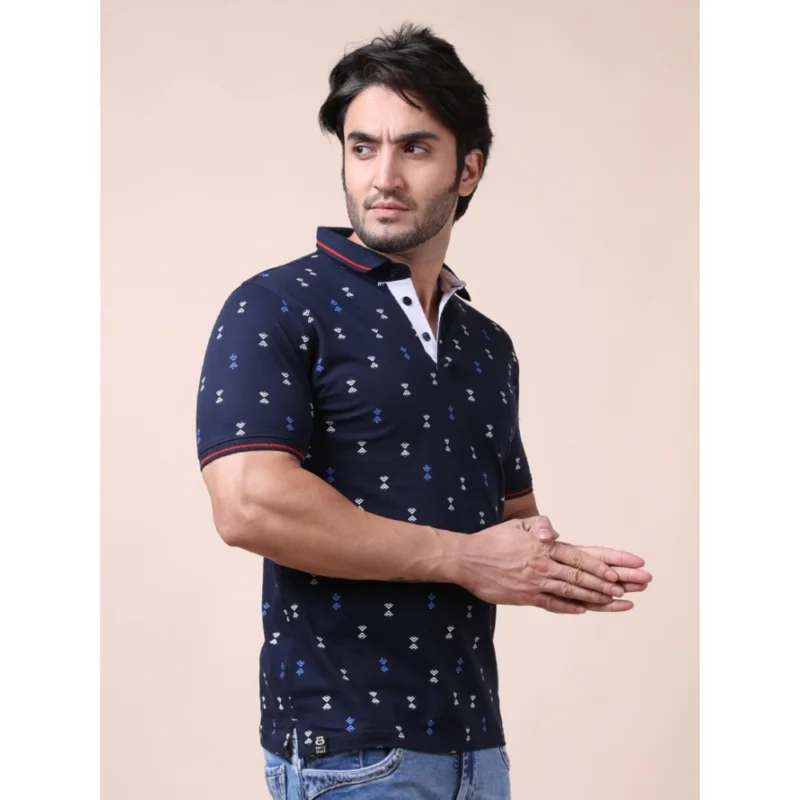 Generic Men's Casual Cotton Printed Polo Neck Half Sleeve T-Shirt (Navy) - Image 3
