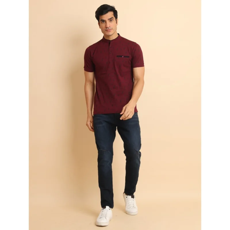 Generic Men's Casual Cotton Printed Mandarin Collar Half Sleeve T-Shirt (Plum) - Image 7
