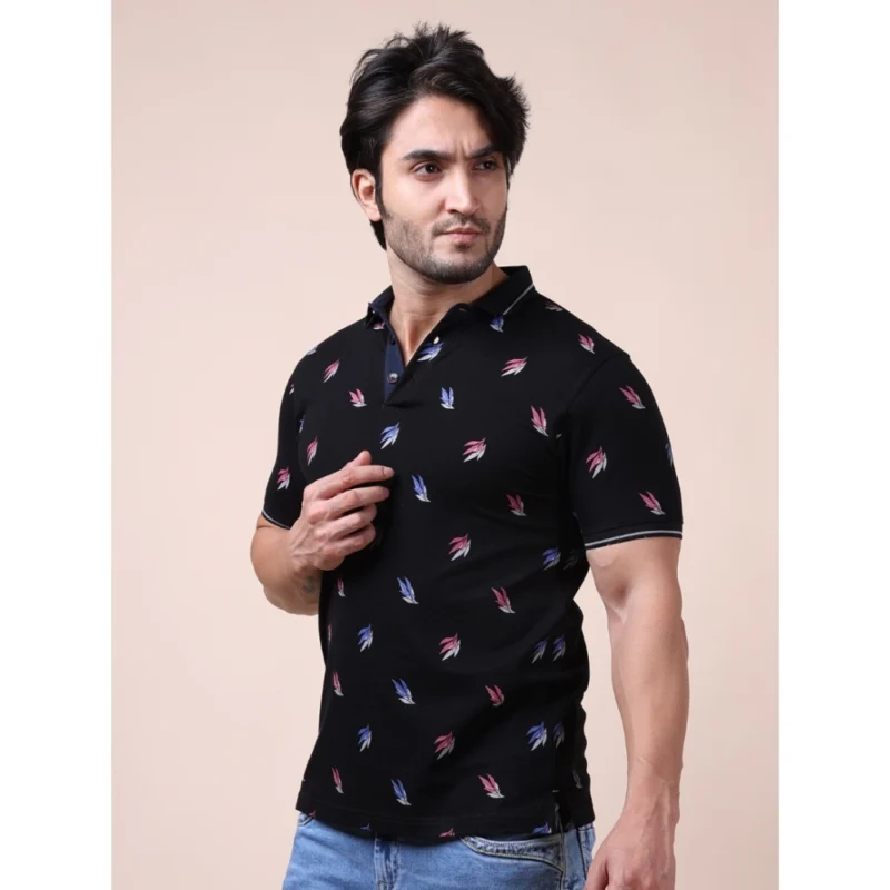 Generic Men's Casual Cotton Printed Polo Neck Half Sleeve T-Shirt (Black) - Image 3