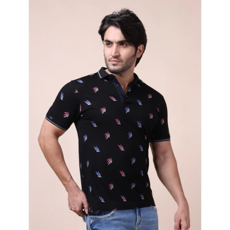 Generic Men's Casual Cotton Printed Polo Neck Half Sleeve T-Shirt (Black) - Image 4