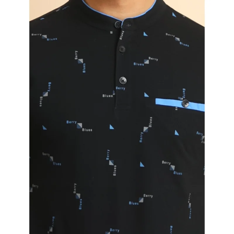 Generic Men's Casual Cotton Printed Mandarin Collar Half Sleeve T-Shirt (Navy) - Image 6
