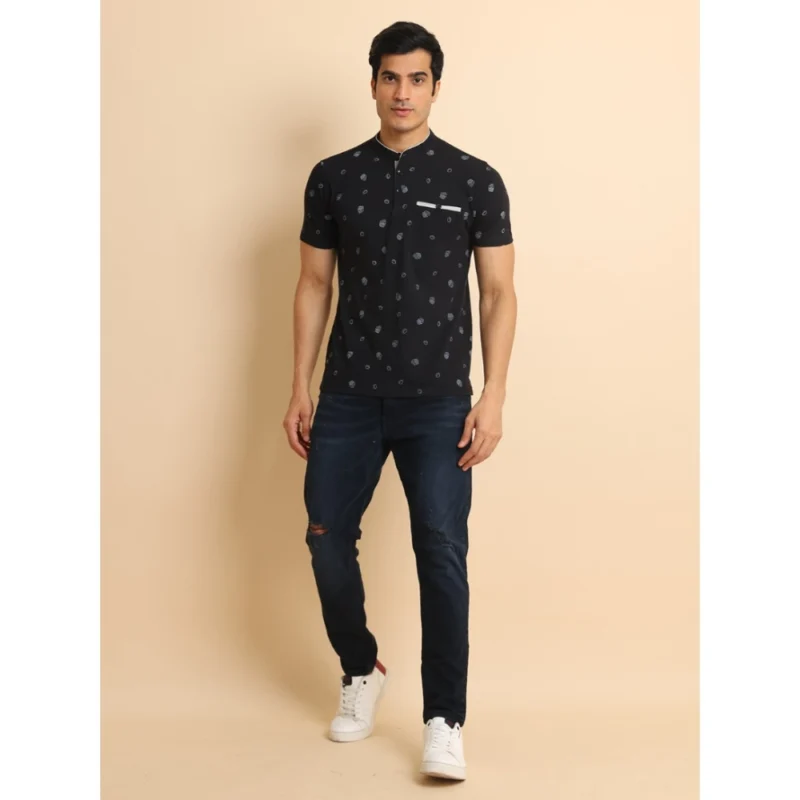 Generic Men's Casual Cotton Printed Mandarin Collar Half Sleeve T-Shirt (Black) - Image 7