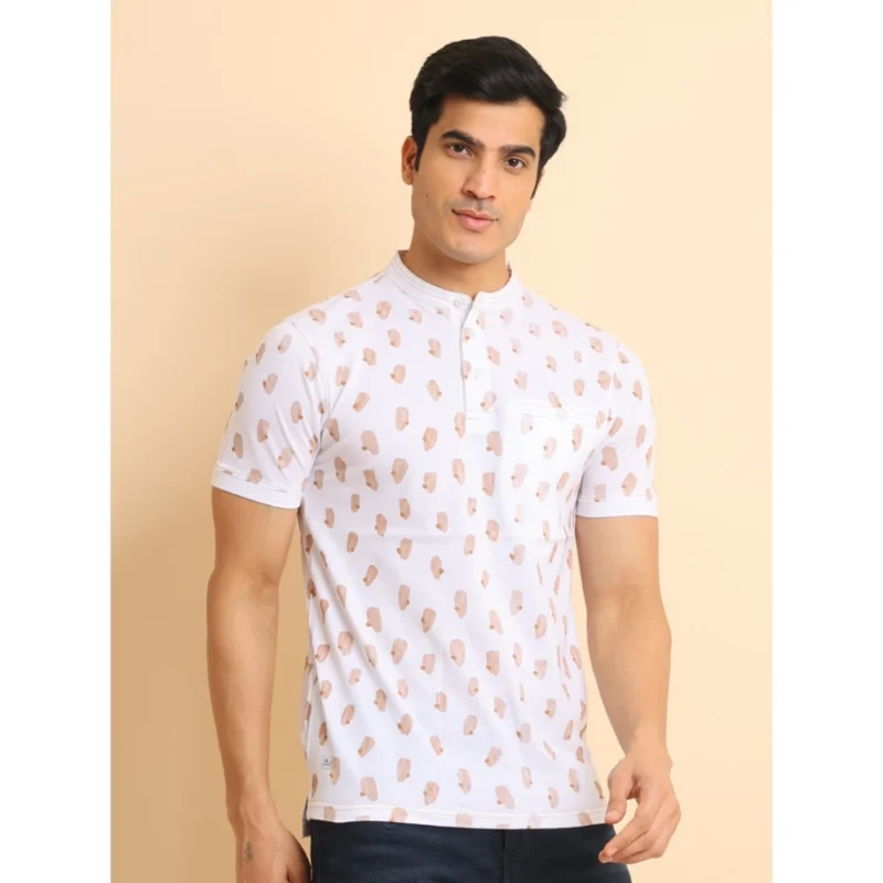 Generic Men's Casual Cotton Printed Mandarin Collar Half Sleeve T-Shirt (White) - Image 3