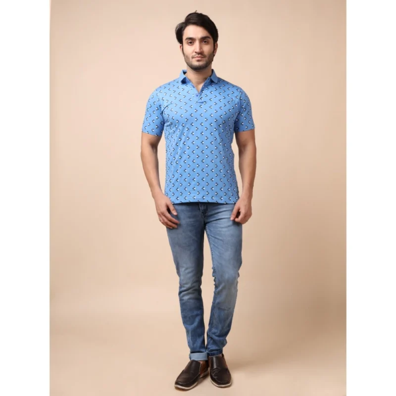 Generic Men's Casual Cotton Printed Polo Neck Half Sleeve T-Shirt (Blue) - Image 7