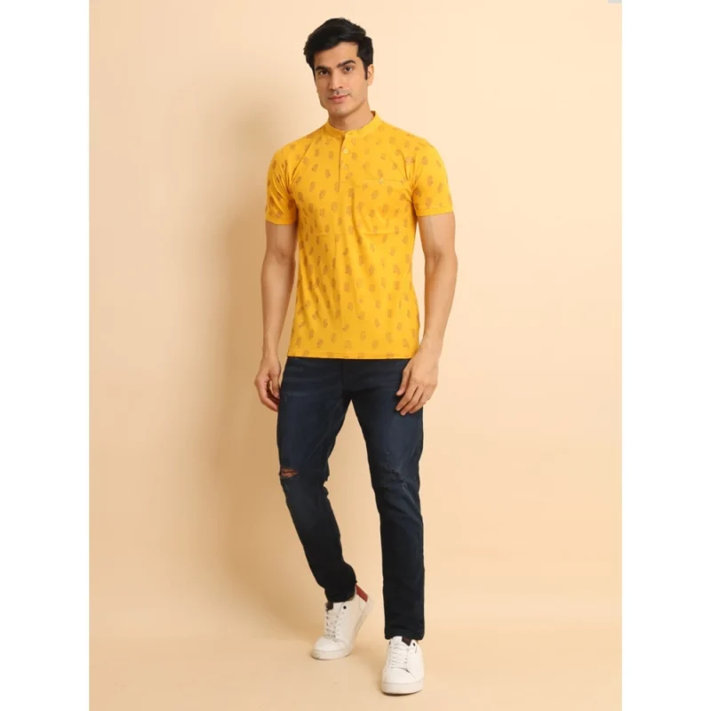 Generic Men's Casual Cotton Printed Mandarin Collar Half Sleeve T-Shirt (Mustard) - Image 7