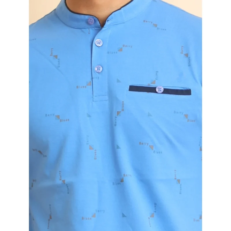 Generic Men's Casual Cotton Printed Mandarin Collar Half Sleeve T-Shirt (LightBlue) - Image 6