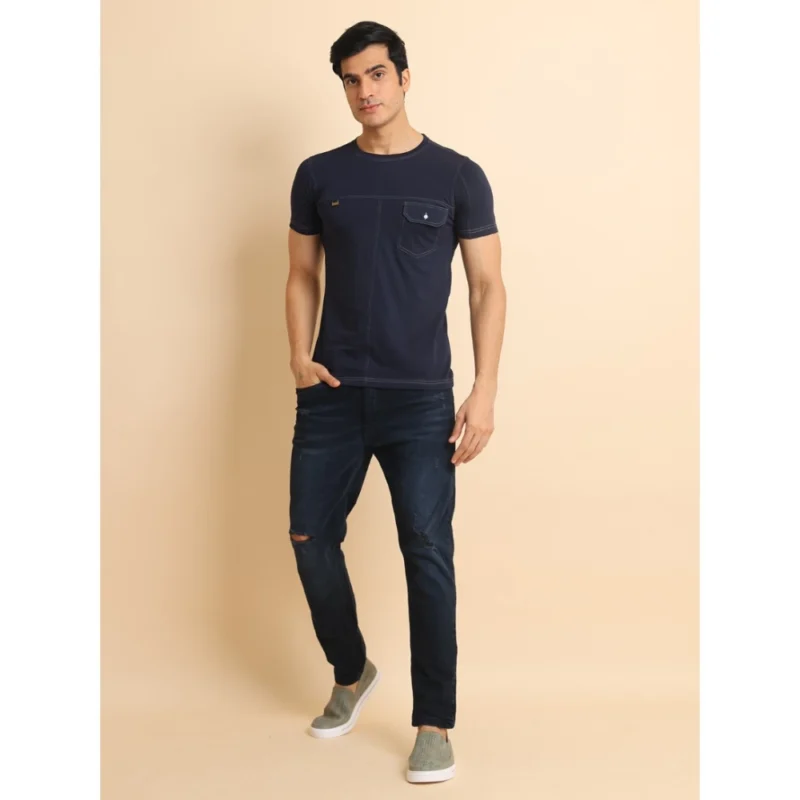 Generic Men's Casual Cotton Solid Round Neck Half Sleeve T-Shirt (Navy) - Image 7