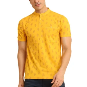 Generic Men's Casual Cotton Printed Mandarin Collar Half Sleeve T-Shirt (Mustard)