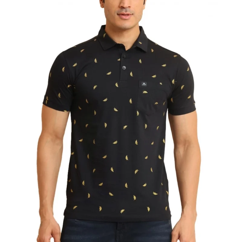 Generic Men's Casual Cotton Printed Polo Neck Half Sleeve T-Shirt (Black)