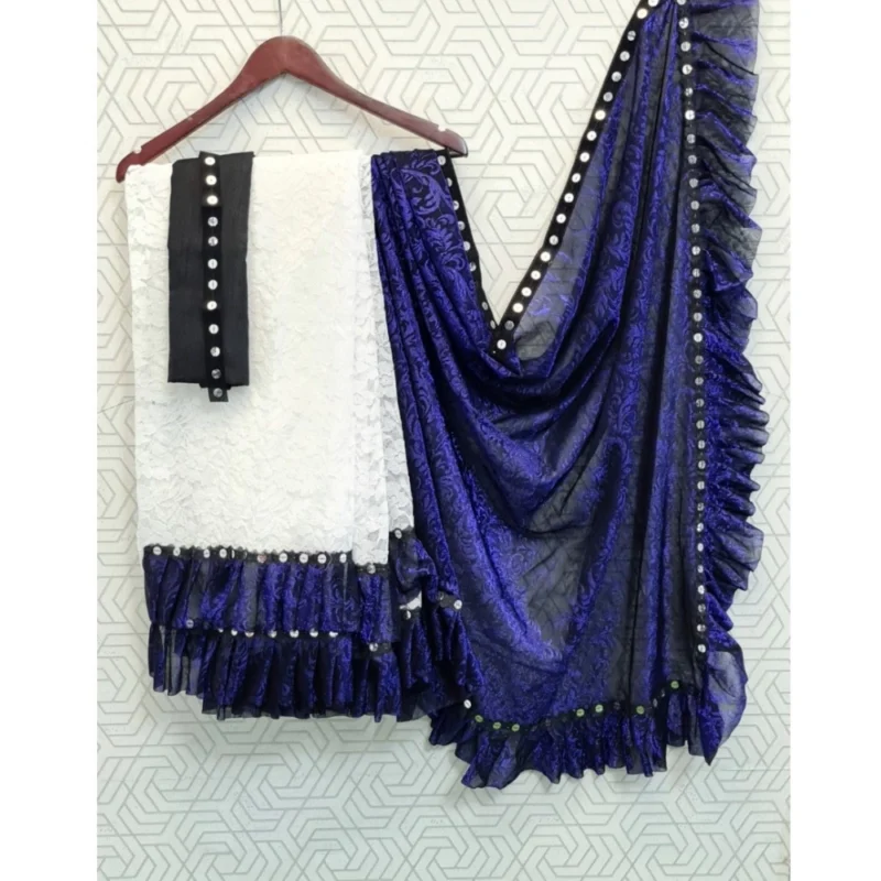 Generic Women's Silk With Mirror Lace Solid Saree With Unstitched Blouse (Blue, 5-5 Mtrs) - Image 2