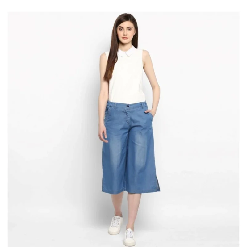 Generic Women's Denim Solid Buttoned Below Knee Culottes (Light Blue) - Image 6