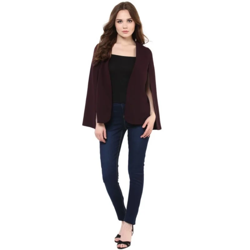 Generic Women's Polyester Solid Cape Sleeve Blazer (Wine) - Image 6