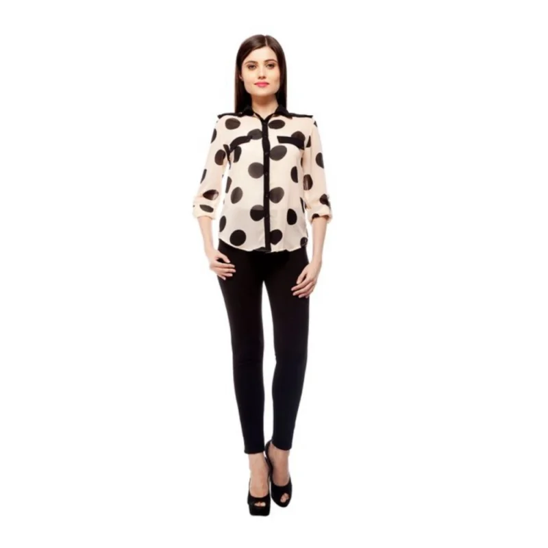 Generic Women's Polyester Polka Roll Up Sleeve Standard Length Shirt (Peach) - Image 5