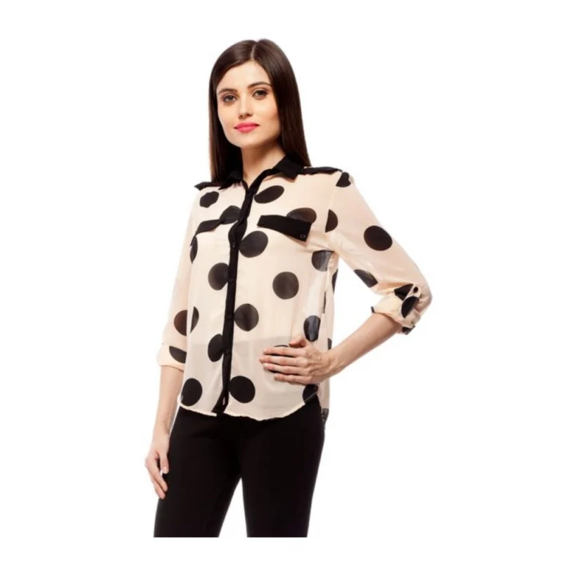 Generic Women's Polyester Polka Roll Up Sleeve Standard Length Shirt (Peach) - Image 2