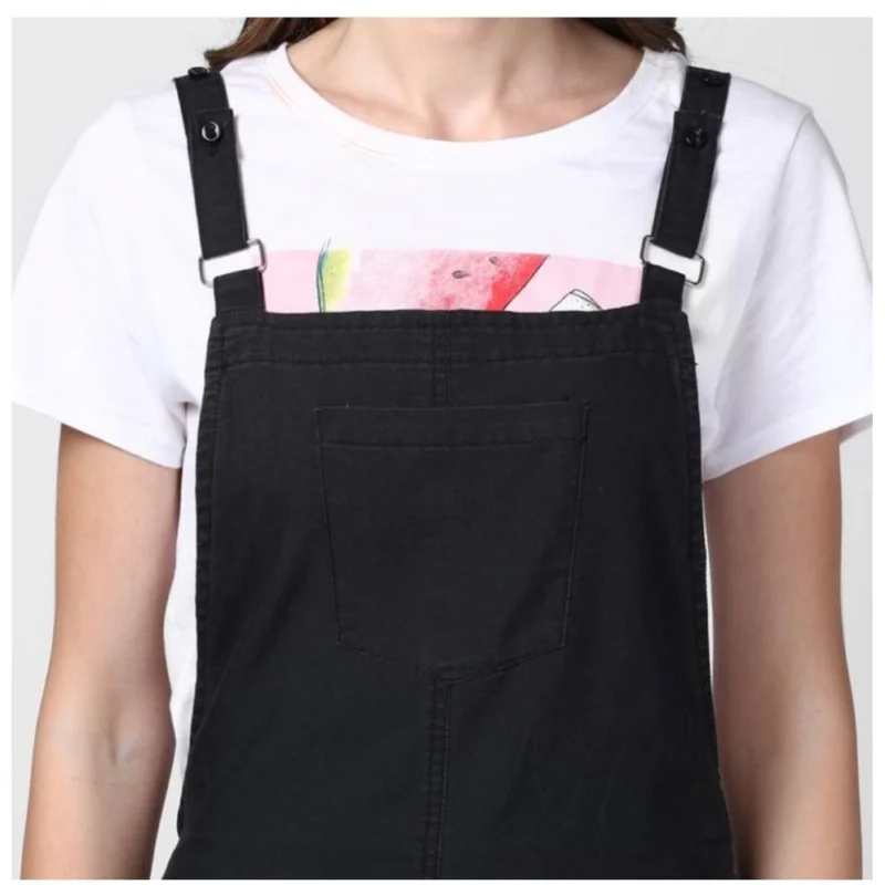 Generic Women's Denim Solid Shoulder Straps Above Knee Dungaree (Black) - Image 2