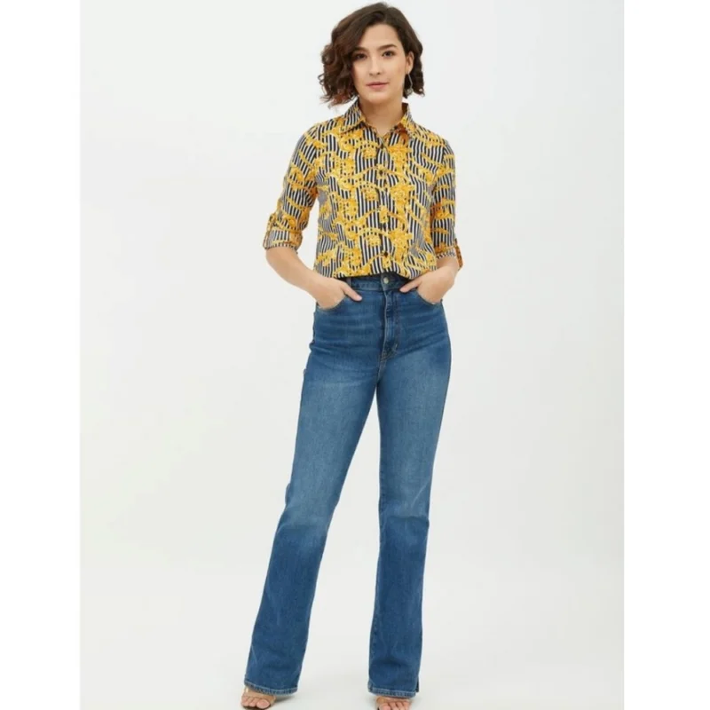 Generic Women's Polyester Printed Roll Up Sleeve Standard Length Shirt (Mustared) - Image 6