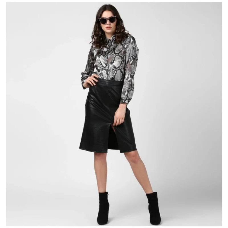 Generic Women's Satin Animal Print Long Sleeves Standard Length Shirt (Black - Grey) - Image 6