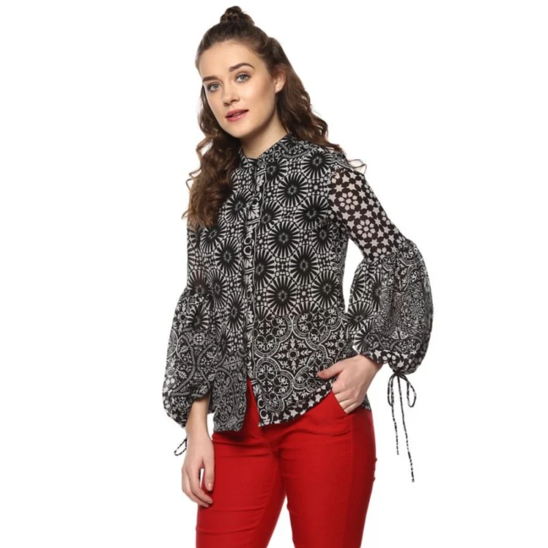 Generic Women's Polyester Printed Balloon Sleeve Top (Black - White) - Image 3