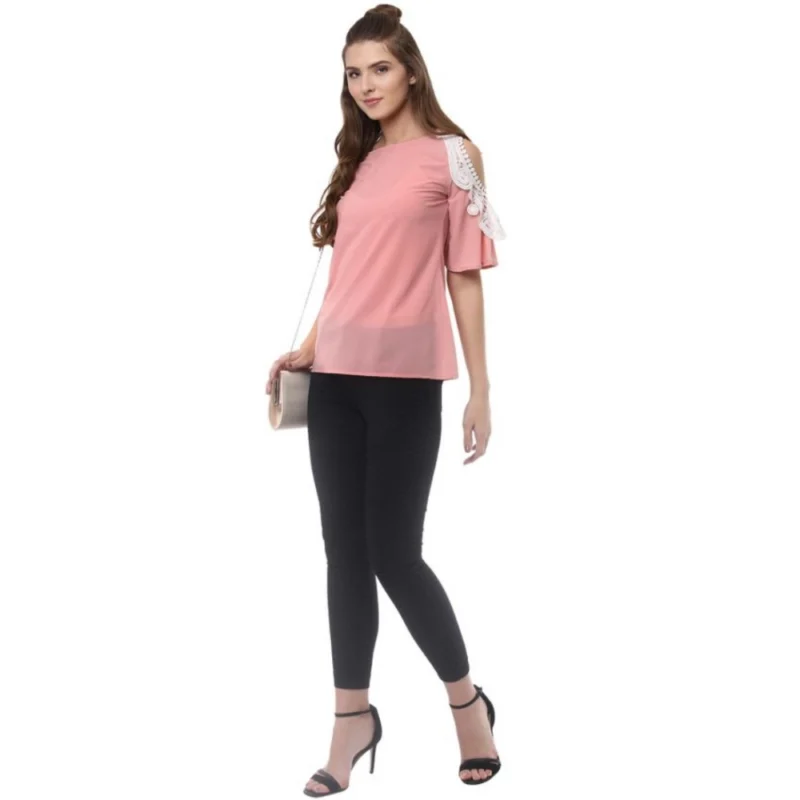 Generic Women's Polyester Lace Inserts Half Sleeve Top (Pink) - Image 6